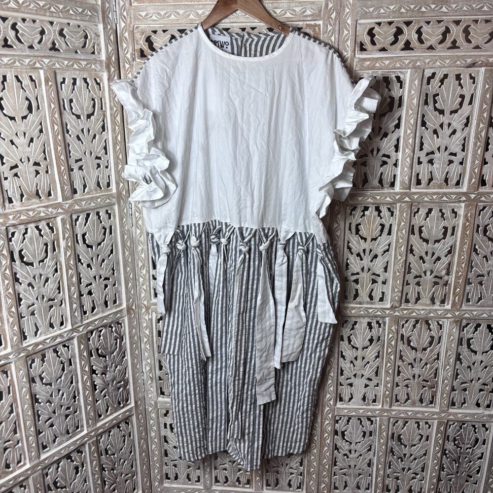 Boho Striped Oversized Ruffle Knot Tunic Dress Lagenlook Chic Teacher Pockets OS